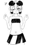  1girl :d absurdres aliceindollland animal_ears bandeau bangs black_bandeau blush breasts collarbone commentary cowboy_shot eyewear_on_head greyscale hair_between_eyes highres looking_at_viewer mei-mei_(murenase!_shiiton_gakuen) midriff miniskirt monochrome murenase!_shiiton_gakuen navel notice_lines one_eye_closed open_mouth panda_ears panda_girl simple_background skirt small_breasts smile solo strapless sunglasses w_arms white_background 