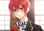  1boy blue_eyes crown jacket kwakah looking_at_viewer male_focus redhead riddle_rosehearts shirt short_hair simple_background solo twisted_wonderland 