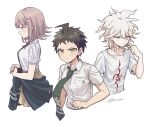  1girl 2boys ahoge badge bangs black_shirt blush breast_pocket brown_hair brown_skirt clothes_around_waist collarbone collared_shirt commentary_request cropped_torso dangan_ronpa_(series) dangan_ronpa_2:_goodbye_despair eyebrows_visible_through_hair frown green_neckwear hair_ornament haizai hand_up hinata_hajime jacket jacket_around_waist komaeda_nagito medium_hair messy_hair multiple_boys nanami_chiaki neck_ribbon necktie pleated_skirt pocket print_shirt red_ribbon ribbon school_uniform shirt short_hair short_sleeves simple_background skirt smile spaceship_hair_ornament sweat two-tone_shirt white_background white_hair white_shirt 