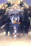  1girl armor bangs blonde_hair breastplate breasts echo_(circa) fairy_knight_gawain_(fate) fate/grand_order fate_(series) faulds gauntlets greaves green_eyes horns knight large_breasts long_hair looking_at_viewer pauldrons shoulder_armor solo_focus sword weapon 