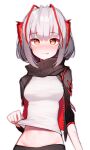  1girl absurdres antennae arknights bangs beudelb black_jacket black_scarf clothes_lift demon_horns eyebrows_visible_through_hair grey_hair highres horns jacket licking_lips open_clothes open_jacket orange_eyes red_horns scarf shirt shirt_lift simple_background smile solo stomach tongue tongue_out w_(arknights) white_shirt 