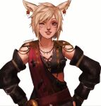  1girl blonde_hair detached_sleeves earrings facial_mark final_fantasy final_fantasy_xiv grin hands_on_hips highres jewelry miqo&#039;te necklace one_eye_closed smile tank_top violet_eyes whisker_markings 