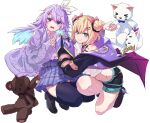  2girls absurdres black_jacket black_shorts blonde_hair blue_eyes blue_hair blue_skirt cardigan colored_inner_hair double_bun green_eyes highres holding holding_toy iris_black_games jacket kurumi_noah long_hair looking_at_viewer multicolored_hair multiple_girls nijisanji nijisanji_kr nun_bora open_mouth pink_legwear plaid plaid_skirt purple_cardigan purple_hair ruo shirt_tucked_in shorts skirt smile stuffed_animal stuffed_cat stuffed_toy teddy_bear toy virtual_youtuber 