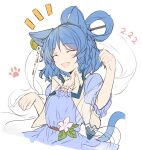  1girl animal_ears bangs belt blue_dress blue_hair blue_sleeves brown_belt cat_day cat_ears cat_tail closed_eyes collar dated dress eyebrows_visible_through_hair flower hagoromo hair_between_eyes hands_up highres jacket kaku_seiga kemonomimi_mode kutsuki_kai leaf open_mouth paws pink_flower puffy_short_sleeves puffy_sleeves shawl short_hair short_sleeves simple_background smile solo tail touhou white_background white_collar white_jacket 