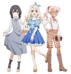  3girls :d black_hair bow bow_hairband chloe_von_einzbern fate/kaleid_liner_prisma_illya fate_(series) hairband highres illyasviel_von_einzbern miyu_edelfelt multiple_girls official_art open_mouth plaid plaid_bow red_eyes smile white_hair 