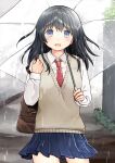  1girl :d bag bangs black_hair blue_eyes blue_skirt collared_shirt commentary_request day eyebrows_visible_through_hair hair_between_eyes hand_up highres holding holding_umbrella kurata_rine long_hair long_sleeves looking_at_viewer necktie open_mouth original outdoors pleated_skirt rain red_neckwear school_bag school_uniform shirt skirt smile solo sweater_vest transparent transparent_umbrella umbrella white_shirt 