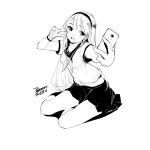  1girl breasts cellphone dated ejami hairband long_hair looking_at_viewer monochrome open_mouth original phone school_uniform signature simple_background skirt smile solo v white_background 