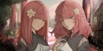  2girls absurdres bangs capelet closed_mouth commentary_request devola flower green_eyes hair_flower hair_ornament highres long_hair messy_hair multiple_girls nier nier_(series) nyx_erebus popola redhead siblings sisters twins 