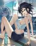  1girl :o ahoge arm_support bare_arms bare_shoulders barefoot black_hair black_shorts blue_eyes bottle breasts camisole crop_top electric_fan from_behind highres hot indoors knees_up large_breasts looking_at_viewer looking_back midriff open_mouth original ramune shirt short_hair short_shorts shorts sidelocks sleeveless sleeveless_shirt solo spaghetti_strap sukocchi summer sweat thighs water_bottle white_shirt 