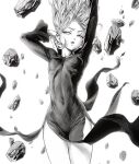  1girl arm_behind_head arms_up black_dress breasts covered_navel curly_hair dress eyelashes floating floating_hair long_sleeves looking_down murata_yuusuke one-punch_man pelvic_curtain rock skin_tight small_breasts tatsumaki thighs 