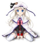  1girl :o amabato blue_eyes blush bow cape eyebrows_visible_through_hair hat little_busters!! long_hair looking_at_viewer noumi_kudryavka pink_bow plaid plaid_skirt school_uniform silver_hair simple_background skirt solo thigh-highs white_background 