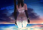  1girl absurdres architect_(girls_frontline) ass back bare_shoulders bikini black_bikini black_gloves black_hair character_name elbow_gloves fingerless_gloves from_behind girls_frontline gloves highres long_hair night night_sky partially_submerged radish_p side_ponytail sky standing swimsuit thighs thong water wrist_cuffs 