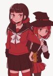  2girls bangs black_headwear black_jacket blunt_bangs blush brown_hair brown_vest commentary_request cowboy_shot dangan_ronpa_(series) dangan_ronpa_v3:_killing_harmony hair_ornament hair_scrunchie hairclip hand_on_hip harukawa_maki hat itodai_d jacket long_hair long_sleeves looking_at_viewer low_twintails miniskirt mole mole_under_eye multiple_girls pantyhose pleated_skirt red_eyes red_legwear red_scrunchie red_shirt red_skirt redhead school_uniform scrunchie serafuku shirt short_hair simple_background skirt thigh-highs twintails vest white_background witch_hat yumeno_himiko 