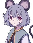  1girl absurdres animal_ears bangs blue_capelet capelet eyebrows_behind_hair grey_hair highres jewelry kame_(kamepan44231) looking_at_viewer mouse_ears mouse_tail nazrin one-hour_drawing_challenge open_mouth pendant red_eyes short_hair simple_background solo tail touhou upper_body white_background 