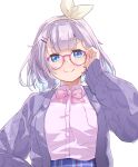  1girl blue_eyes blue_hair breasts cardigan collared_shirt colored_inner_hair eyebrows_behind_hair glasses hair_ornament hair_ribbon hairclip highres looking_at_viewer medium_breasts multicolored_hair necktie nijisanji nijisanji_kr nun_bora pink_neckwear pink_shirt purple_cardigan purple_hair ribbon ruo shirt shirt_tucked_in short_hair smile solo upper_body v-shaped_eyebrows virtual_youtuber white_background yellow_ribbon 