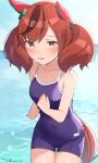  1girl absurdres animal_ears bare_arms bare_shoulders blue_swimsuit blush bow breasts brown_eyes brown_hair commentary_request dated green_bow hair_bow highres hirota_fruit horse_ears horse_girl horse_tail looking_at_viewer multicolored_hair nice_nature_(umamusume) one-piece_swimsuit open_mouth school_swimsuit small_breasts smile solo streaked_hair swimsuit tail twintails twitter_username umamusume water 