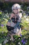  1girl asymmetrical_hair bandaged_arm bandaged_leg bandages bangs bare_shoulders black_bow black_gloves bow braid commentary detached_sleeves field flower flower_field frilled_sleeves frills gloves hair_flower hair_ornament hair_rings highres kaine_(nier) leg_warmers lingerie long_hair lunar_tear midriff_peek negligee nier nier_(series) orange_eyes otuming panties parted_lips single_leg_warmer sitting solo underwear white_hair white_panties 