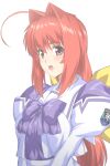  1girl :d ahoge bangs bow bowtie commentary_request eyebrows_visible_through_hair hair_bow hair_intakes juliet_sleeves kagami_sumika long_hair long_sleeves looking_at_viewer low_ponytail muvluv open_mouth otoo_(izanagi) puffy_sleeves purple_bow purple_neckwear red_eyes redhead school_uniform serafuku shiny shiny_clothes shiny_hair sidelocks sideways_glance simple_background smile solo upper_body white_background yellow_bow 