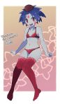  1girl :d artist_name bishoujo_senshi_sailor_moon blue_hair blush border bra breasts colored_skin facial_mark full_body grey_skin hat highres lamb-oic029 looking_at_viewer navel open_mouth panties pointy_ears ponko_(sailor_moon) red_bra red_eyes red_legwear red_panties round_teeth short_hair small_breasts smile solo teeth thank_you thigh-highs underwear underwear_only upper_teeth white_border 