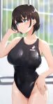  1girl absurdres bangs black_hair black_swimsuit blue_eyes blush breasts covered_navel cowboy_shot eyebrows_visible_through_hair groin hand_in_hair hand_on_hip highres large_breasts looking_to_the_side one-piece_swimsuit original parted_lips pool shiny shiny_clothes shiny_hair shiny_skin short_hair solo swimsuit vegetablenabe wet wet_clothes wet_hair 
