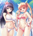  2girls :d :o bikini black_hair blue_eyes blue_sky bracelet breasts clouds day eyebrows_visible_through_hair flower hair_flower hair_ornament hand_on_hip highres jewelry large_breasts long_hair looking_at_viewer medium_breasts multiple_girls naoki_(endofcentury102) navel open_mouth original palm_tree red_bikini red_eyes redhead sky smile standing swimsuit thighs tree twintails w white_bikini wrist_cuffs 