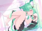  1girl animal_ear_fluff animal_ears ass barefoot black_dress blush cat_ears cat_girl cat_tail closed_eyes dress feet fetal_position green_hair in_container knees_to_chest legs long_hair lying mikaze_oto on_back original panties pillow pillow_hug ribbon short_dress sleeping soles solo tail thighs toes underwear white_panties 