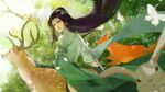  1girl absurdres bird black_hair deer dress forest green_dress hair_ornament highres long_hair long_sleeves nature rabbit sword tree weapon yun_yun_(doupo_cangqiong) yun_yun_guan_bo 