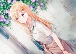  1girl ayase_saki bag bangs blonde_hair blush clothes_around_waist collared_shirt dutch_angle flower gimai_seikatsu green_neckwear hair_ornament hairclip hiten_(hitenkei) jacket jacket_around_waist long_hair looking_at_viewer necktie parted_lips purple_flower school_bag school_uniform shirt short_sleeves solo standing violet_eyes wall white_shirt 