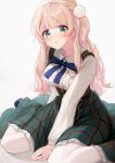  1girl :o between_legs blonde_hair blue_footwear blush bodice bow bowtie breasts buttons collared_shirt covering covering_crotch frilled_skirt frills green_eyes green_skirt hair_ornament hand_between_legs highres indie_virtual_youtuber long_hair looking_at_viewer pom_pom_(clothes) pom_pom_hair_ornament shigure_ui_(vtuber) shiny shiny_hair shirt shirt_tug shoes sidelocks simple_background sitting skirt solo takuo thigh-highs underbust virtual_youtuber wariza white_background white_legwear wing_collar 