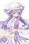  1girl bags_under_eyes blue_bow blue_ribbon book bow commentary crescent crescent_hat_ornament crescent_pin hair_bow hat hat_ornament hat_ribbon holding holding_book long_hair looking_at_viewer maguro_(mawaru_sushi) mob_cap narrowed_eyes open_book open_mouth patchouli_knowledge purple_hair red_bow red_ribbon ribbon simple_background smile smirk solo touhou very_long_hair violet_eyes white_background wide_sleeves 