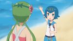  2girls arm_up bangs bare_arms blue_eyes blue_hair blue_pants blue_sailor_collar blush_stickers bright_pupils commentary day eyebrows_visible_through_hair fishing_rod flower green_hair grey_overalls hair_flower hair_ornament hairband highres holding holding_fishing_rod lana_(pokemon) long_hair mallow_(pokemon) multiple_girls non_non_biyori one-piece_swimsuit open_mouth outdoors pants parody pink_flower pokemon pokemon_(game) pokemon_sm rutorifuki sailor_collar sand shirt shore short_hair sleeveless sleeveless_shirt swimsuit swimsuit_under_clothes trial_captain twintails water white_pupils white_shirt yellow_hairband 