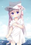  1girl :o animal_ears animal_hat bangs blue_sky blurry blurry_background blush bow cat_ears cat_hat cat_tail child clouds collarbone day depth_of_field dress eyebrows_visible_through_hair fake_animal_ears grey_hair hair_between_eyes hair_bow hat highres long_hair looking_at_viewer nakkar original outdoors parted_lips pink_bow puffy_short_sleeves puffy_sleeves sailor_collar sailor_dress short_sleeves sky solo tail twintails twitter_username very_long_hair violet_eyes water white_dress white_headwear white_sailor_collar 