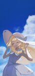  1girl bangs bare_arms blonde_hair blunt_bangs braid closed_eyes clouds collared_dress commentary_request day dress eyelashes floating_hair grin hands_on_headwear hat hat_ribbon highres kii_(kiiui) lillie_(pokemon) long_hair outdoors pokemon pokemon_(game) pokemon_sm ribbon sky sleeveless sleeveless_dress smile solo sun_hat teeth twin_braids white_dress white_headwear 