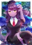  1girl aeronychus arm_up bangs black_jacket black_legwear black_skirt blue_wings blush breasts brown_eyes closed_mouth collared_shirt colored_skin commentary_request curled_horns dragon_girl dragon_horns dragon_tail dragon_wings eyebrows_visible_through_hair feathered_wings feet_out_of_frame formal horns indie_virtual_youtuber jacket kou_hiyoyo large_breasts long_hair looking_at_viewer necktie pencil_skirt pointy_ears ponytail purple_hair purple_skin red_neckwear shirt sidelocks skirt skirt_suit solo suit tail thigh-highs very_long_hair virtual_youtuber white_shirt wings yellow_eyes 