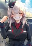  1girl ^_^ absurdres blue_sky blush breasts clenched_hand closed_eyes clouds dirty dirty_face emilio_(tetsukazu_no_ao) garrison_cap girls_und_panzer grey_hair hair_between_eyes hat highres itsumi_erika kuromorimine_military_uniform large_breasts military military_uniform sky smile solo teeth uniform upper_body 