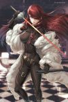  1girl bodysuit breasts covered_navel framed_breasts hair_over_one_eye hybridmink impossible_bodysuit impossible_clothes kirijou_mitsuru large_breasts long_hair persona persona_3 persona_4:_the_ultimate_in_mayonaka_arena rapier redhead sheath sword tagme weapon yellow_eyes 