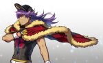  1boy baseball_cap cape champion_uniform closed_mouth commentary_request dark-skinned_male dark_skin dynamax_band facial_hair floating_cape floating_hair from_side fur-trimmed_cape fur_trim gloves hat holding leon_(pokemon) long_hair male_focus pokemon pokemon_(game) pokemon_swsh purple_hair red_cape shield_print shiny shiny_skin shirt short_sleeves shorts solo sword_print white_shorts white_wristband yellow_eyes yukibi_(ykb) 