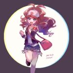  1girl :d antenna_hair bag baseball_cap brown_vest clenched_hand commentary_request dated floating_hair grey_shorts hat hilda_(pokemon) holding holding_poke_ball knees leg_up long_hair looking_at_viewer open_clothes open_mouth open_vest pink_bag poke_ball poke_ball_(basic) pokemon pokemon_(game) pokemon_bw ritsuki_mino shirt shoes short_shorts shorts shoulder_bag sidelocks sleeveless sleeveless_shirt smile solo tongue vest violet_eyes white_shirt wristband 