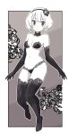  1girl bare_shoulders border bra breasts bright_pupils closed_mouth elbow_gloves gloves greyscale hairband highres lamb-oic029 looking_at_viewer monochrome panties short_hair small_breasts solo thigh-highs underwear underwear_only white_border white_pupils wide-eyed 