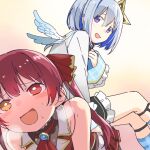  2girls all_fours amane_kanata angel angel_wings black_skirt blue_hair blue_legwear blue_wings blush colored_inner_hair frilled_skirt frills grey_jacket hair_ribbon halo hololive houshou_marine jacket kneehighs long_hair long_sleeves multicolored_hair multiple_girls open_mouth red_eyes red_ribbon redhead ribbon short_hair silver_hair sitting sitting_on_person skirt smile star_halo twintails violet_eyes virtual_youtuber watarai_keiji wings 