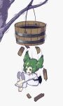  1girl back_bow barefoot between_legs bow branch broken bucket falling full_body green_eyes green_hair hand_between_legs japanese_clothes kimono kisume peroponesosu. short_hair short_twintails solo touhou tree twintails white_kimono wooden_bucket yukata 