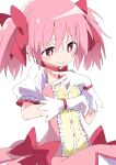  1girl bow choker closed_mouth eyebrows_visible_through_hair gloves hair_between_eyes hair_bow ixy kaname_madoka looking_down magical_girl mahou_shoujo_madoka_magica pink_hair pink_skirt puffy_short_sleeves puffy_sleeves red_bow red_choker red_eyes short_hair short_sleeves simple_background skirt smile solo twintails white_background white_gloves 