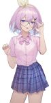  1girl :3 absurdres blue_hair blue_skirt bra_through_clothes colored_inner_hair eyebrows_behind_hair glasses hair_ornament hairclip highres holding holding_eyewear multicolored_hair nijisanji nijisanji_kr nun_bora pink_shirt plaid plaid_skirt purple_hair shirt shirt_tucked_in short_hair skirt smile smug solo takasumikei virtual_youtuber white_background 