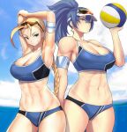  abs ahoge alternate_costume anagumasan armband arms_up ball bikini blonde_hair blue_bikini blue_eyes blue_hair breasts cammy_white crossover earrings eyewear_on_head height_difference highres holding holding_ball jewelry large_breasts leona_heidern looking_at_viewer ponytail size_comparison size_difference sports_bikini street_fighter street_fighter_zero_(series) sunglasses swimsuit the_king_of_fighters the_king_of_fighters_xv thighs visor_cap volleyball 