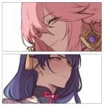 2girls blue_hair blush closed_mouth face genshin_impact hair_between_eyes hair_ornament long_hair looking_at_viewer maiqo mole mole_under_eye multiple_girls pink_hair raiden_(genshin_impact) smile sweatdrop violet_eyes white_background yae_miko