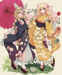  1girl 2girls absurdres alternate_costume animal_ears baeg_mi black_kimono blonde_hair candy_apple floral_print food fox_ears fox_girl fox_tail full_body furisode highres holding holding_umbrella hololive huge_filesize japanese_clothes kimono looking_at_viewer momosuzu_nene multiple_girls obi oil-paper_umbrella okobo omaru_polka print_kimono sash smile tail umbrella virtual_youtuber wide_sleeves yellow_kimono 