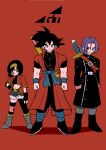  1girl 2boys absurdres black_hair boots crop_top cropped_jacket dragon_ball dragon_ball_gt dragon_ball_heroes hairband highres kodama_(marugoto_omikan) multiple_boys official_alternate_costume pan_(dragon_ball) purple_hair red_background short_hair short_shorts shorts son_goku staff standing sword trunks_(dragon_ball) weapon weapon_on_back wristband 