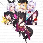 6+girls animal_ears black_hair breasts closed_mouth dress ejami fox_ears fox_girl fox_tail gen_1_pokemon long_hair looking_at_viewer multiple_girls open_mouth pikachu pokemon sample simple_background smile tail thigh-highs white_background 