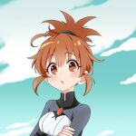  1girl :o antenna_hair bangs blue_sky breasts brown_eyes brown_hair clouds cloudy_sky crossed_arms defense_of_the_ancients dota_2 hair_between_eyes hair_ornament long_hair looking_at_viewer marci_(defense_of_the_ancients) open_mouth ponytail side_dish_meow sky solo 