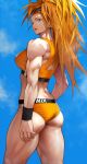  1girl absurdres ass bandaid bandaid_on_face bare_arms biceps blue_sky breasts captain_mizuki clothes_writing clouds day earrings from_behind highres jewelry long_hair looking_at_viewer looking_back medium_breasts midriff muscular muscular_female one-punch_man open_mouth orange_hair ponytail revision shoulders sky solo standing teeth thighs violet_eyes yoshio_(55level) 